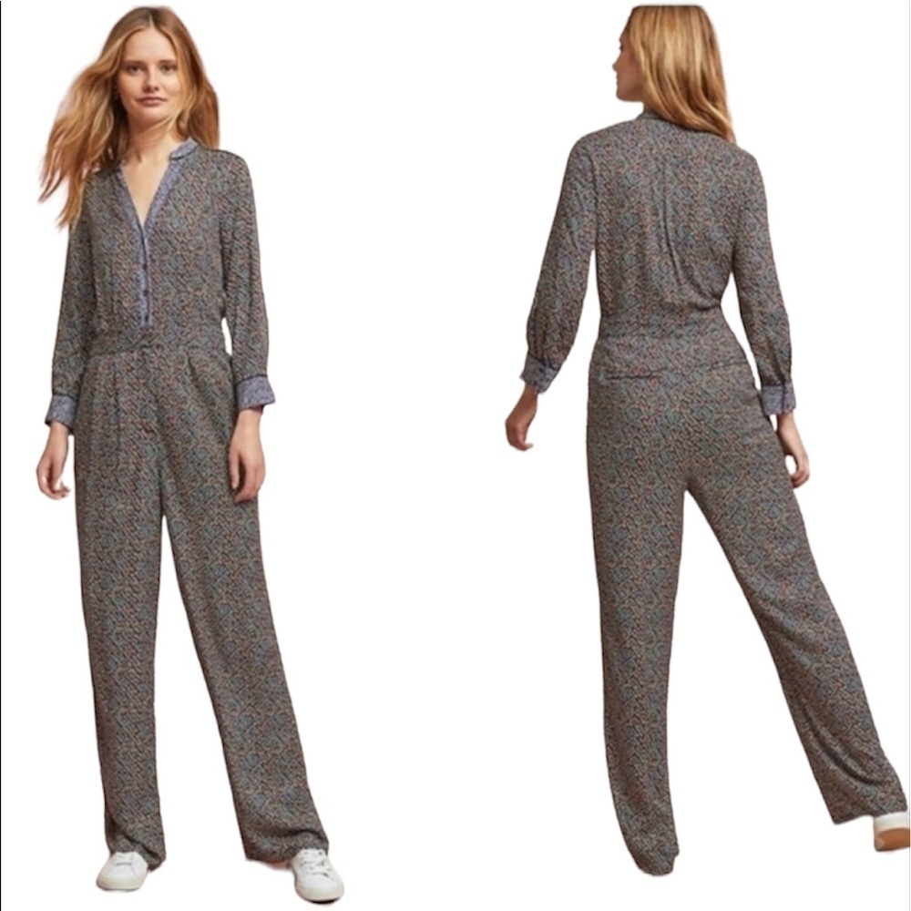 Anthropologie ett twa Christine Silken Print Jumpsuit Straight Leg 14 Women’s